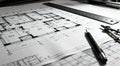 Architectural Drafting Table with Detailed Plans in Classic Black and White Royalty Free Stock Photo