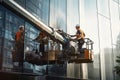 A professional industrial climber washes a window on a lifting platform. Generative AI