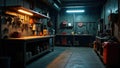 Professional Industrial Workshop Scene A Bright Dimly Lit Garage Featuring a WellEquipped Workbench and Array of Tools Royalty Free Stock Photo