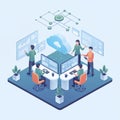 An isometric modern office workspace with employees collaborating around digital dashboards, laptops, and cloud connected screens Royalty Free Stock Photo