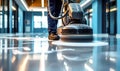 Professional janitorial staff using an industrial floor buffer machine for cleaning and polishing the hallway of a modern