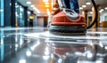 Professional janitorial staff using an industrial floor buffer machine for cleaning and polishing the hallway of a modern