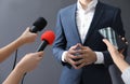 Professional journalists interviewing businessman on background, closeup