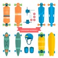 Professional kateboard collection, flat vector skateboard. Skateboard from all sides, extreme. Protection Gear.