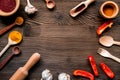 Professional kitchen with spices for cook on wooden background top view mockup Royalty Free Stock Photo