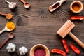 Professional kitchen with spices for cook on wooden background top view mockup Royalty Free Stock Photo