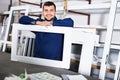 Professional labour with finished PVC profiles and windows at fa Royalty Free Stock Photo