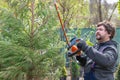 Professional Landscape Gardener Wearing Protective Work Cloths Shaping the juniper or Thuja Tree. Royalty Free Stock Photo