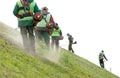 Professional landscapers cutting grass on inclined slope with  string trimmers Royalty Free Stock Photo