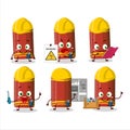 Professional Lineman red ruler cartoon character with tools