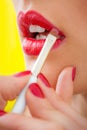 Professional lips make-up. Makeup professional artist applying lip gloss