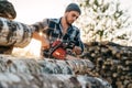 Professional lumberman wearing plaid shirt sawing tree with chainsaw Royalty Free Stock Photo