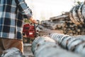 Professional lumberman worker using chainas on sawmill