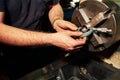 Professional machinist : man operating lathe grinding machine Royalty Free Stock Photo