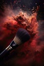 professional makeup brush with red powder isolated on black background. Art of visage. generative AI Royalty Free Stock Photo