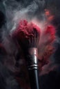 professional makeup brush with red powder isolated on black background. Art of visage. generative AI Royalty Free Stock Photo