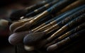 Professional make-up brushes on a black background. Selective focus. Generative AI
