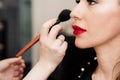 Professional makeup artist puts powder brush in hand on the face of a woman Royalty Free Stock Photo