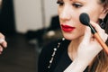 Professional makeup artist puts powder brush in hand on the face of a woman Royalty Free Stock Photo