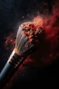 professional makeup brush with red powder isolated on black background. Art of visage. generative AI Royalty Free Stock Photo