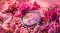 Professional makeup cosmetics, compact dry glitter shadows blush highlighter, flat lay with flowers, pink background