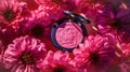 Professional makeup cosmetics, compact dry glitter shadows blush highlighter, flat lay with flowers, pink background