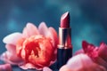 Professional makeup cosmetics, lipstick tube, pink background natural flowers. Beauty concept, decorative professional