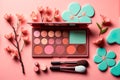 Professional makeup flat lay Various cosmetics Generative AI