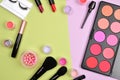 Professional makeup products with cosmetic beauty products, blushes, eye liner, eye lashes, brushes and tools