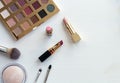 professional makeup tools. Makeup products on wooden background top view. A set of various items for makeup Royalty Free Stock Photo