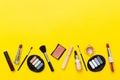 Professional makeup tools. Top view. Flat lay. Beauty, decorative cosmetics. Makeup brushes set and color eyeshadow