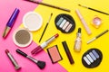 Professional makeup tools. Top view. Flat lay. Beauty, decorative cosmetics. Makeup brushes set and color eyeshadow Royalty Free Stock Photo