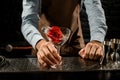 Professional male bartender serving a martini glass with a cocktail decorated with red rose bud Royalty Free Stock Photo