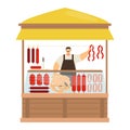 Professional male character butcher store, trade meat product and sausage, street kiosk to sell semi finished mince