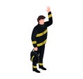 Professional male character fireman extinguish fire standing with water hose isolated on white, isometric vector