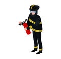 Professional male character fireman standing with extinguisher isolated on white, isometric vector illustration. Man