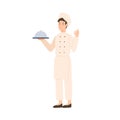 Professional male chef holding serving plate vector flat illustration. Happy kitchener in white uniform enjoying tasty