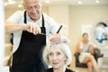 Professional male hairdresser cuts hair of elderly woman at beauty salon Royalty Free Stock Photo