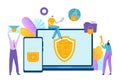 Professional male programmer tiny character cyber security, technology gadget mobile application flat vector