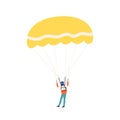 Professional male skydiver landing with parachute vector flat illustration. Extreme sportsman enjoying parachuting