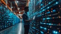 Professional Man Analyzing Server Data in a High-Tech Futuristic Data Center Royalty Free Stock Photo