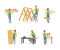 Professional Man Carpenter in Overall Working with Wooden Planks, Drill and Toolbox Vector Set