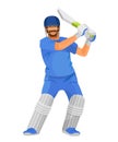 Professional man cricketer character, in sports form, plays in game.