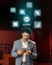 Professional man engaging with AI technology while checking data analytics in a modern office setting Royalty Free Stock Photo