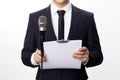 Professional Man holding microphone and clipboard on white. Generate Ai Royalty Free Stock Photo