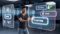 Professional man interacting with futuristic digital interface screens for data confirmation and settings in tech environment Royalty Free Stock Photo