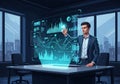 A professional man interacts with a digital holographic interface in a modern office. The interface Royalty Free Stock Photo