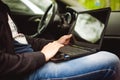 Professional man with a laptop in car tunes tuning control system, updating software, gaining access through to computer Royalty Free Stock Photo