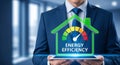 Professional man in navy suit holds energy efficiency graphic on tablet a smart home solution for a cleaner future Royalty Free Stock Photo