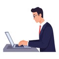 Professional man in a suit focused on typing at a laptop in a minimal flat vector illustration